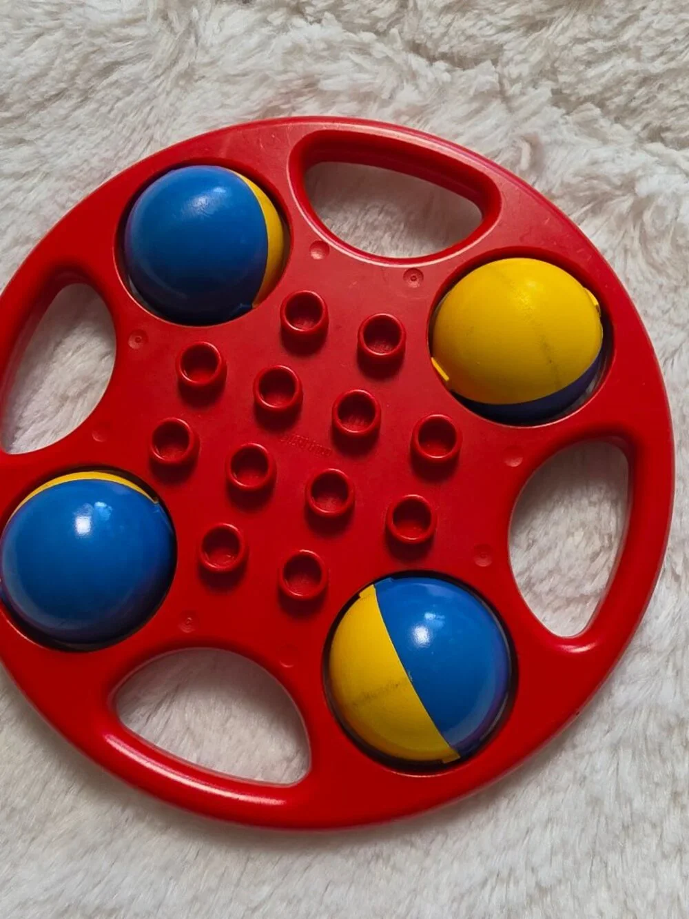 Vintage LEGO Duplo Circular Rattle Red with Blue Yellow Wheels